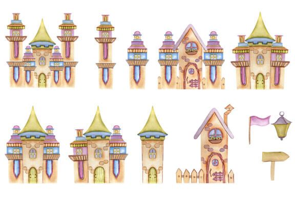 Dragons and fairytale castles watercolor clipart