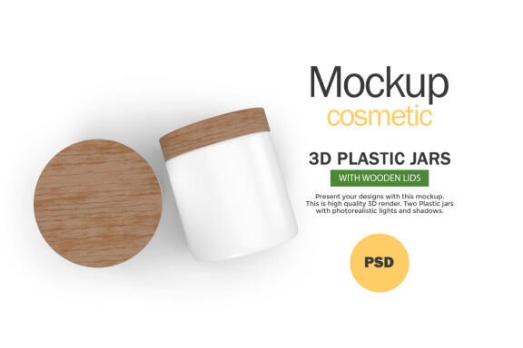 Plastic Jars With Wooden Lids - Cosmetic Product Mockup