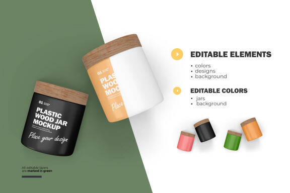 Plastic Jars With Wooden Lids - Cosmetic Product Mockup