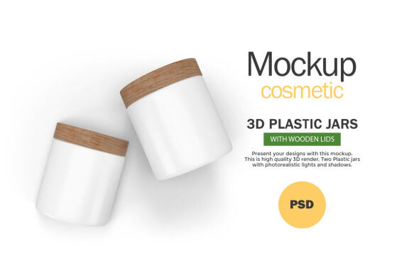 Plastic Jars With Wooden Lids - Cosmetic Product Mockup