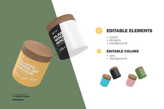 Plastic Jars With Wooden Lids - Cosmetic Product Mockup
