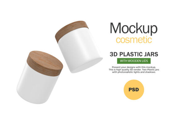 Plastic Jars With Wooden Lids - Cosmetic Product Mockup