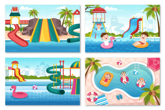 15 Water Park Cartoon Illustration