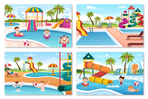 15 Water Park Cartoon Illustration