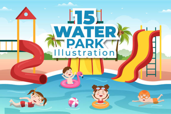 15 Water Park Cartoon Illustration
