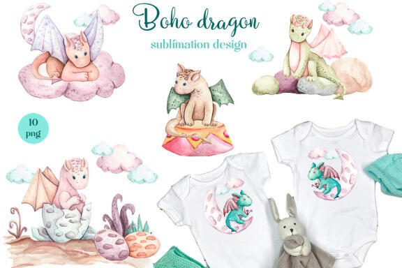 Boho dragon sublimation design, Boho animals sublimation PNG