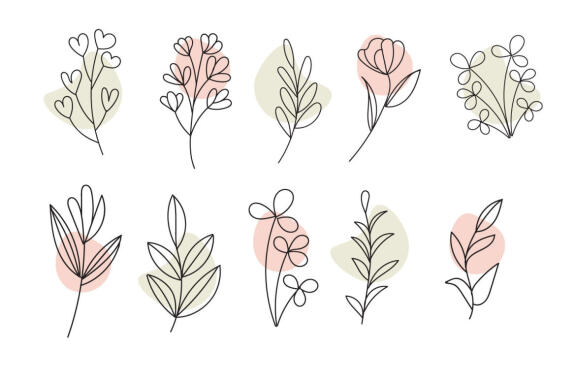 Set of botanical leaf doodle wildflower line art