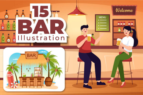 15 Bar or Pub Cartoon Illustration