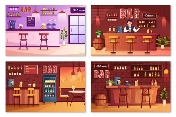 15 Bar or Pub Cartoon Illustration