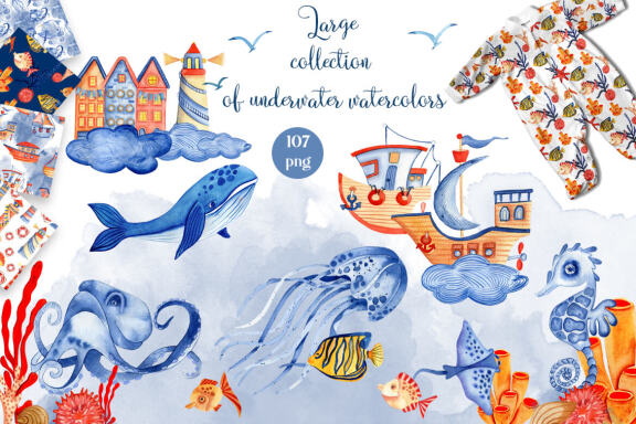 Large collection of underwater watercolors