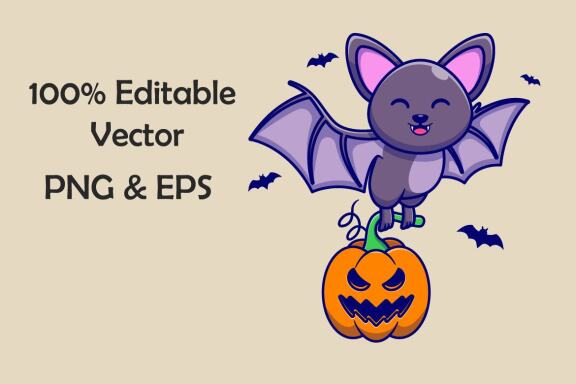 cute little bat flying carrying pumpkin