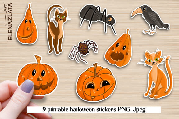 Cute Halloween stickers, cat, Pumpkin, raven, spider