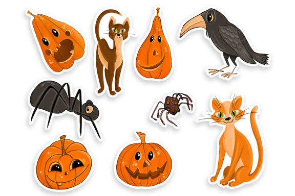 Cute Halloween stickers, cat, Pumpkin, raven, spider