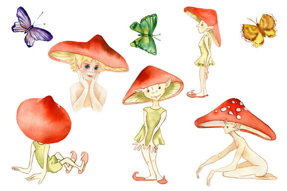 Watercolor Fairies mushroom clipart. Cute illustration