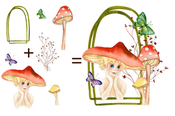 Watercolor Fairies mushroom clipart. Cute illustration