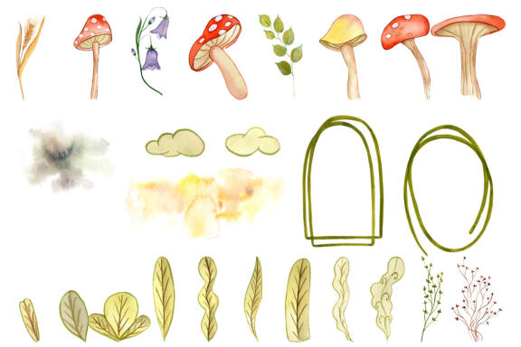 Watercolor Fairies mushroom clipart. Cute illustration