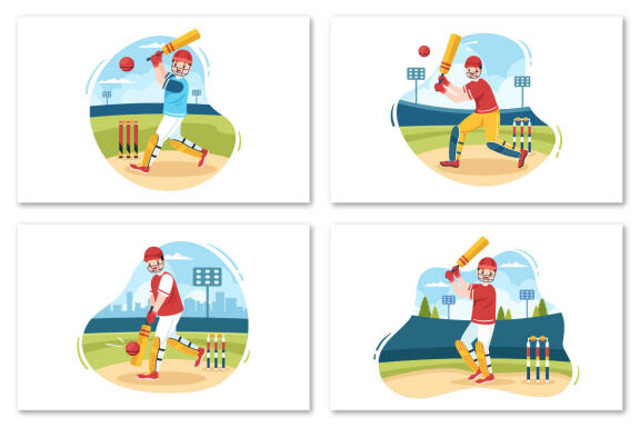 10 Batsman Playing Cricket Sports Illustration