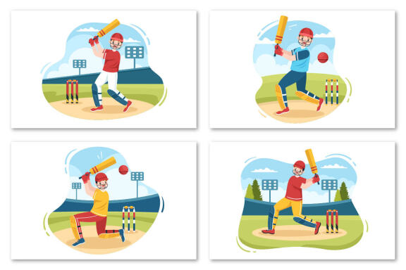 10 Batsman Playing Cricket Sports Illustration