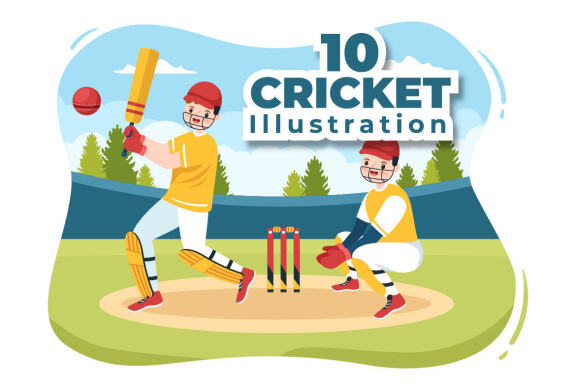 10 Batsman Playing Cricket Sports Illustration