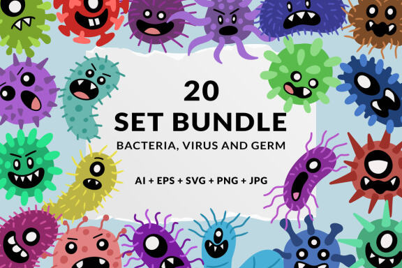 20 Set Bundle Germs, Bacteria, Virus, Monsters, Microbe, Diseases, Hygiene, Pandemic