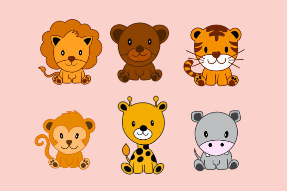 54 Set Bundle Cute Baby Animal, Wild, Farm, Jungle, Safari Funny Cartoon Clipart
