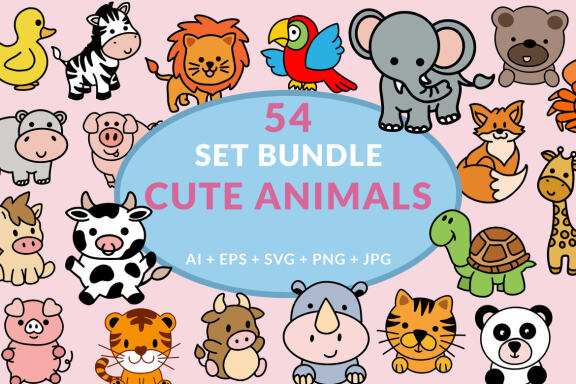54 Set Bundle Cute Baby Animal, Wild, Farm, Jungle, Safari Funny Cartoon Clipart