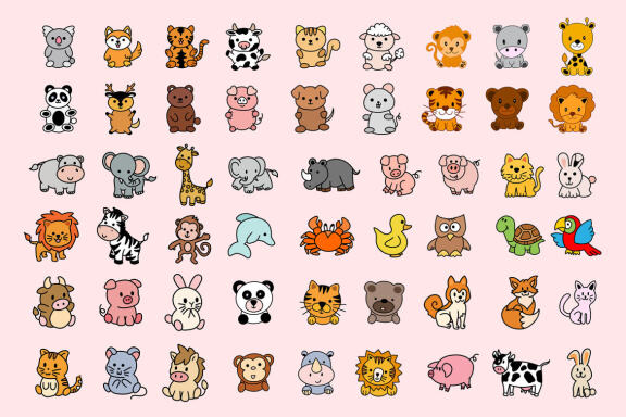 54 Set Bundle Cute Baby Animal, Wild, Farm, Jungle, Safari Funny Cartoon Clipart