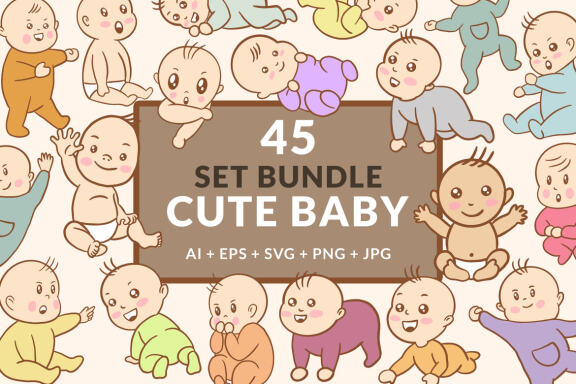 45 Set Bundle Cute Baby Babies Boy Toddler, Newborn, Child Cartoon Clipart