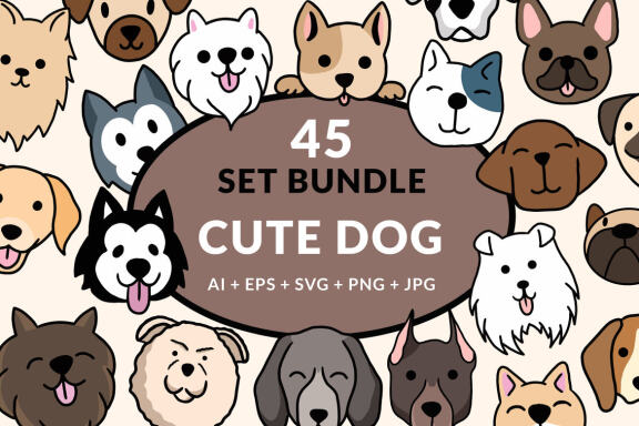 45 Set Bundle Cute Baby Dog Puppy Puppies doodle Kawai dog Breeds Clipart