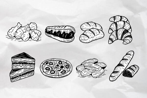 33 Set Bundle Fast Food Burger Pizza Drink Doodle Coffee Bakery Cupcakes Clipart