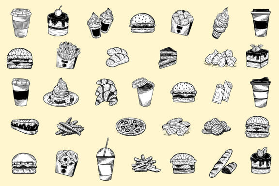33 Set Bundle Fast Food Burger Pizza Drink Doodle Coffee Bakery Cupcakes Clipart
