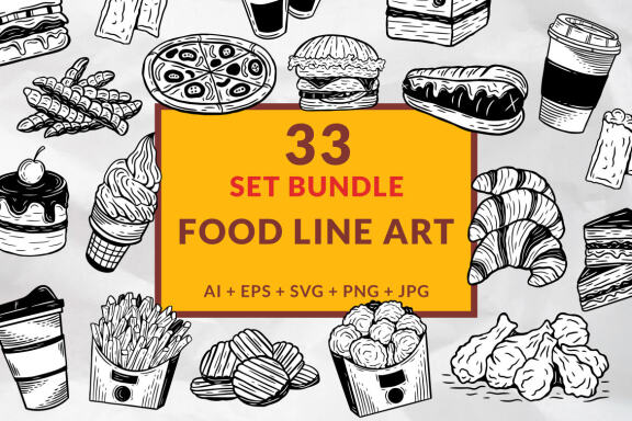 33 Set Bundle Fast Food Burger Pizza Drink Doodle Coffee Bakery Cupcakes Clipart
