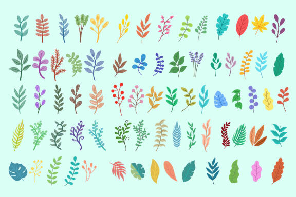74 Set Bundle Flat Leaf Leaves Watercolor Tropical Arts Branches botanical green Clipart