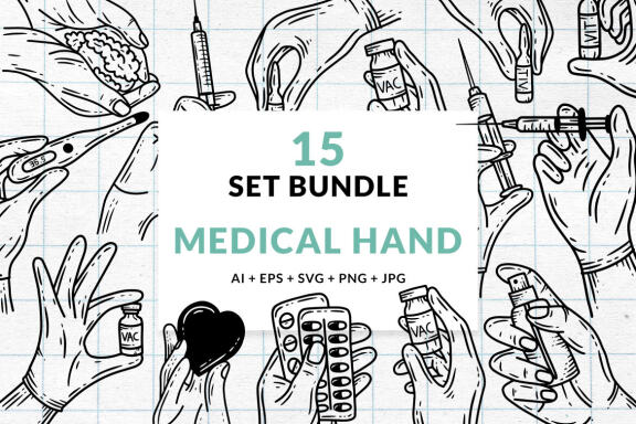 15 Set Bundle Medical Hand Doctor Nurse Healthcare Hospital Vaccine Line Art