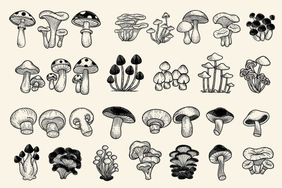 30 Set Bundle Mushroom Line Art Food Plant Botanical Garden Vegetable Clipart