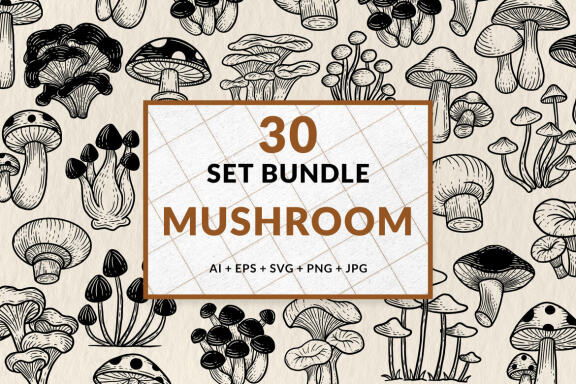 30 Set Bundle Mushroom Line Art Food Plant Botanical Garden Vegetable Clipart