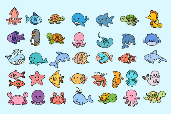 36 Set Bundle Cute Baby Sea Life Ocean Animal Underwater Creature Fish Clipart
