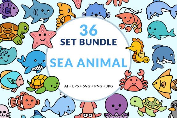 36 Set Bundle Cute Baby Sea Life Ocean Animal Underwater Creature Fish Clipart