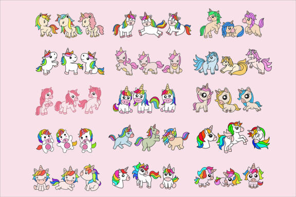 45 Set Bundle Cute Baby Unicorn Animal Fantasy Magical Colorful Cartoon Clipart