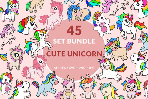 45 Set Bundle Cute Baby Unicorn Animal Fantasy Magical Colorful Cartoon Clipart