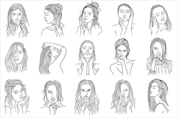 15 Set Bundle Women Beauty Close Up Face Pose Line Art Beautiful Girl Clipart