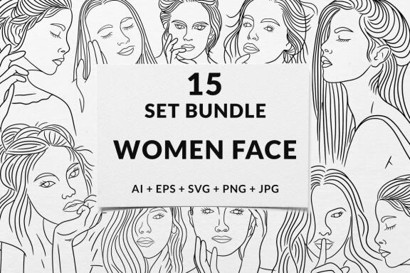 15 Set Bundle Women Beauty Close Up Face Pose Line Art Beautiful Girl Clipart