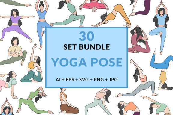30 Set Bundle Women Yoga Pose Fitness Namaste Wellness Flat Art Meditation Clipart