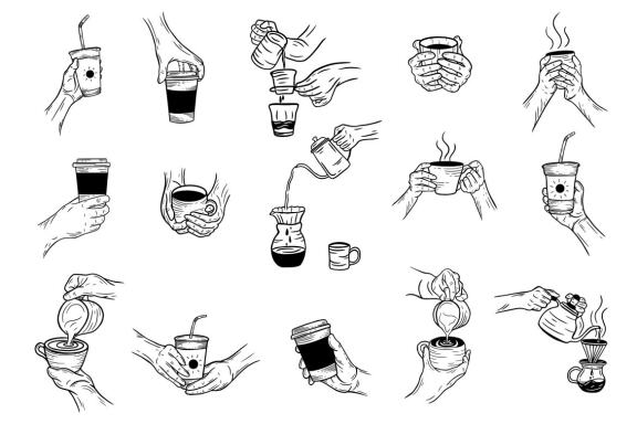 15 Set Bundle Hand Holding Coffee Shop beverage drink cup Line Art Hand Drawn Clipart