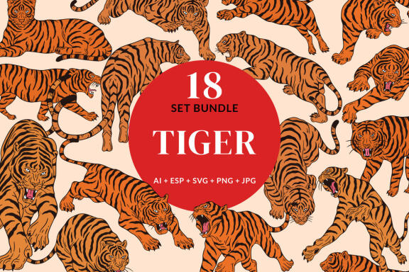 18 Set Bundle Tiger Head Pose Wild Animal Jungle Safari Vintage Clipart Cartoon