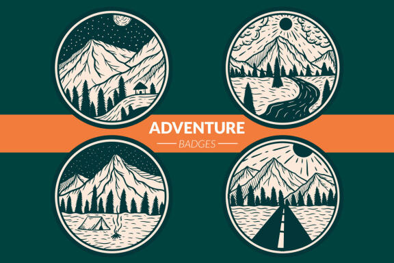 24 Adventure Mountain forest Camping nature Badges Explore outdoors Hand Drawn