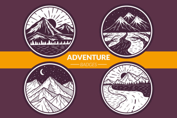24 Adventure Mountain forest Camping nature Badges Explore outdoors Hand Drawn
