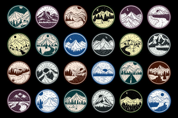 24 Adventure Mountain forest Camping nature Badges Explore outdoors Hand Drawn