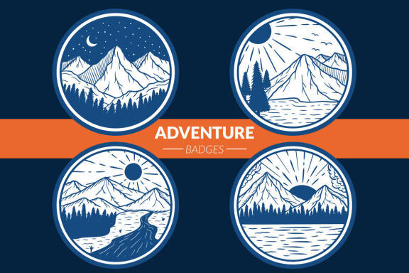 24 Adventure Mountain forest Camping nature Badges Explore outdoors Hand Drawn