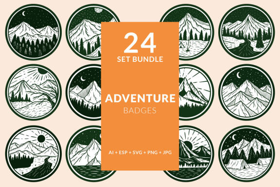 24 Adventure Mountain forest Camping nature Badges Explore outdoors Hand Drawn